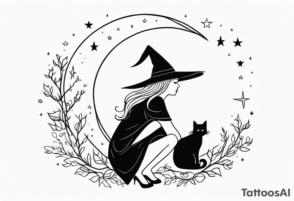 Witch sitting on a moon, black cat, stars,  broom tattoo idea