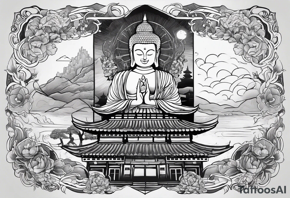 A forearm tattoo with the background as a world map with a small buddhist shrine at the bottom. tattoo idea