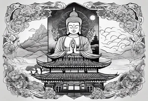A forearm tattoo with the background as a world map with a small buddhist shrine at the bottom. tattoo idea