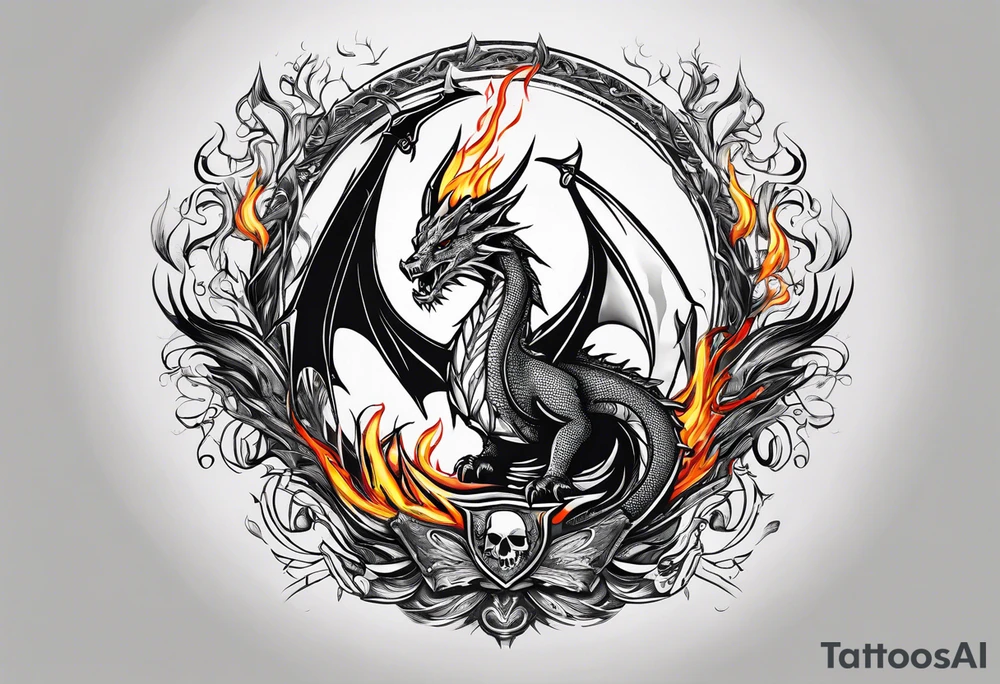 Campfire with a flame. The flame transforming into a dragon. Also the fire writes 'may death find you alive'. tattoo idea