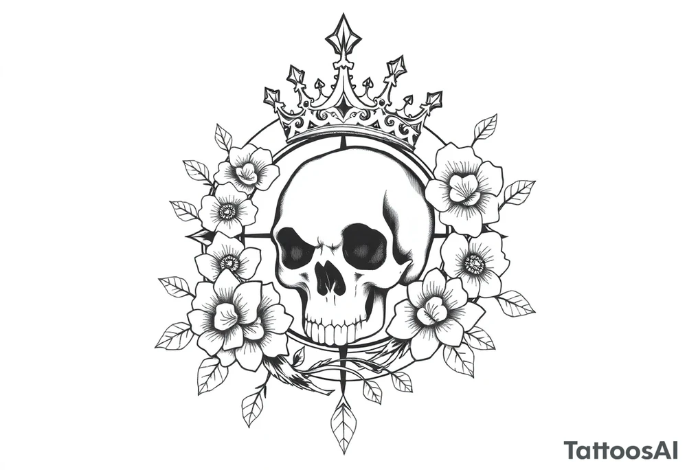 Compass with detailed beautiful gothic boho flowers on vine and skull with gorgeous crown tattoo idea