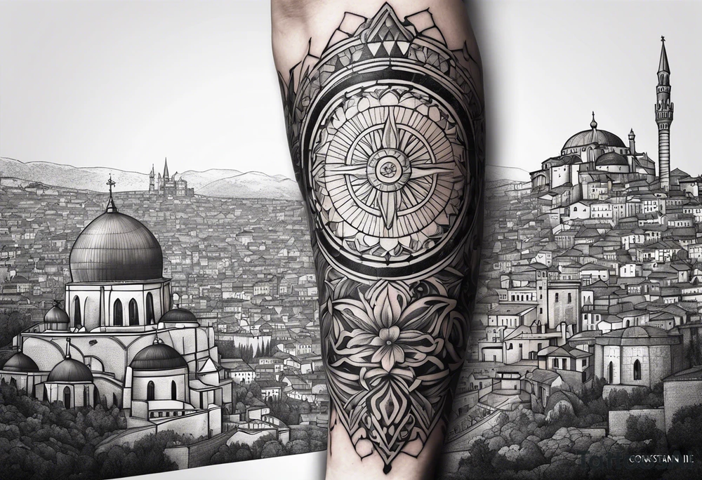 Sleeve tattoo, mosaic of Basil II, with sun shining above and city of medieval Constantinople below tattoo idea