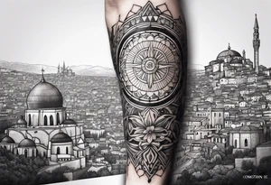 Sleeve tattoo, mosaic of Basil II, with sun shining above and city of medieval Constantinople below tattoo idea