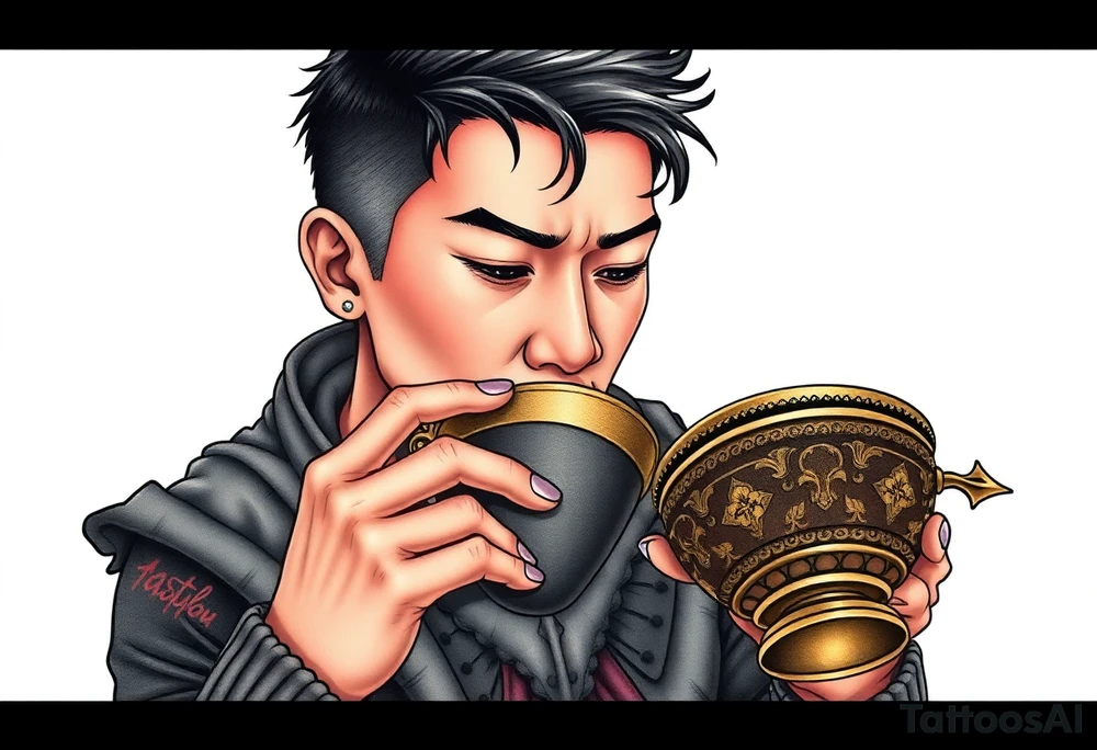 Handsome Asian young guy is drinking from medieval cup tattoo idea