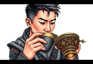 Handsome Asian young guy is drinking from medieval cup tattoo idea