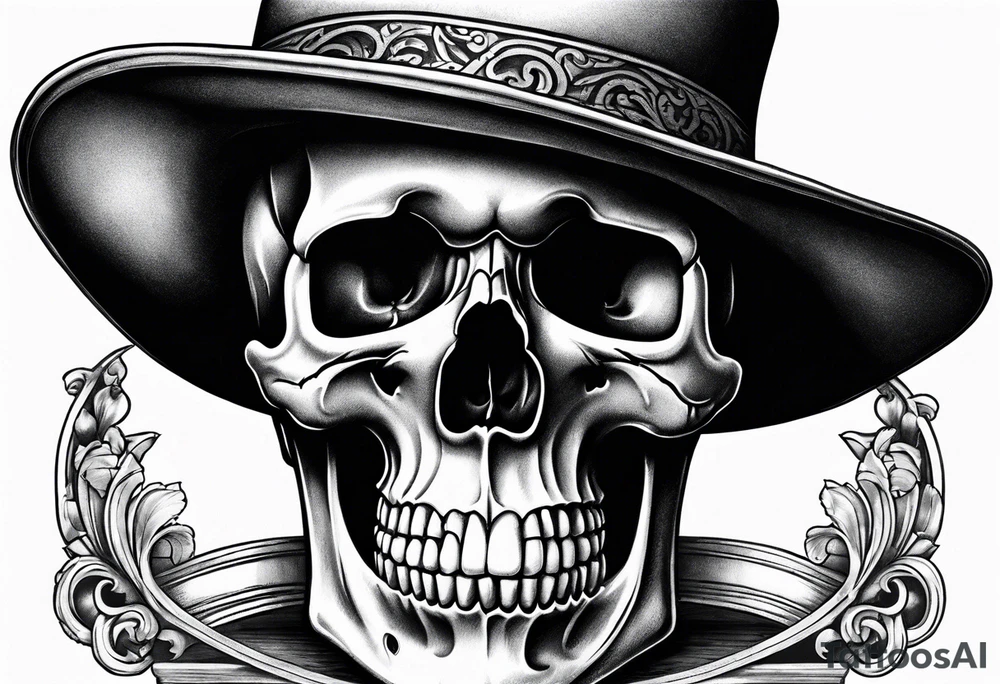 Skull with western hat, sitting on hour glass tattoo idea