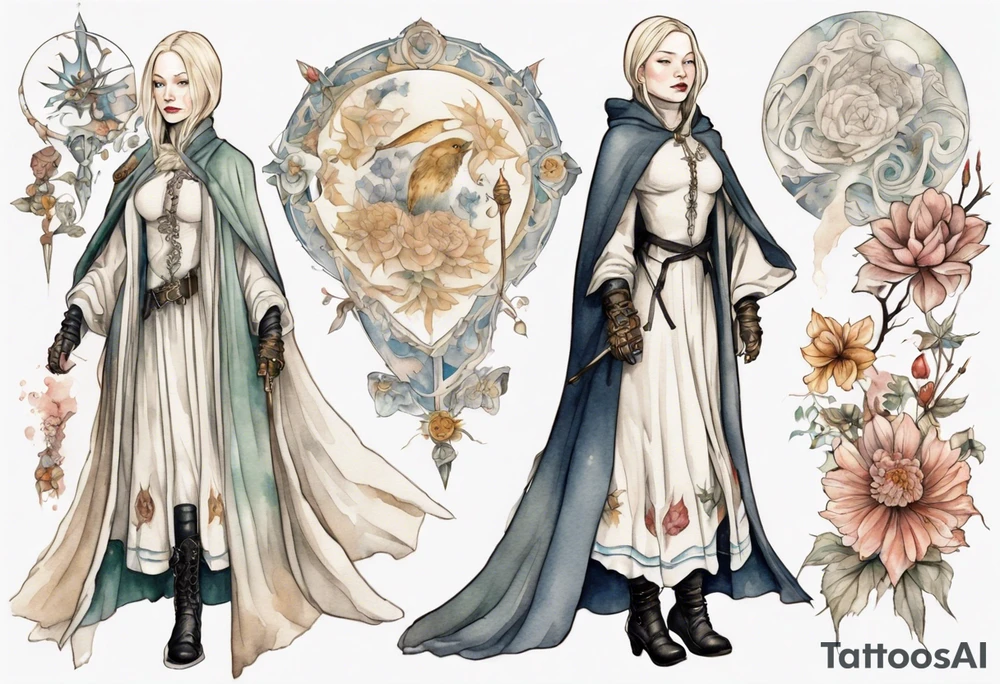 Cate Blanchette wearing white medieval cloak and boots tattoo idea