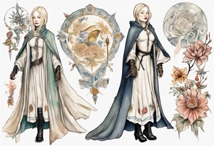 Cate Blanchette wearing white medieval cloak and boots tattoo idea