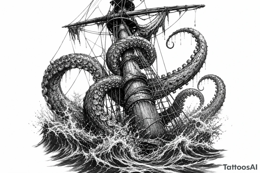 Close-up on a pirate ship's mast being ensnared by colossal kraken tentacles, dark, turbulent ocean waves, high contrast tattoo idea