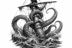 Close-up on a pirate ship's mast being ensnared by colossal kraken tentacles, dark, turbulent ocean waves, high contrast tattoo idea