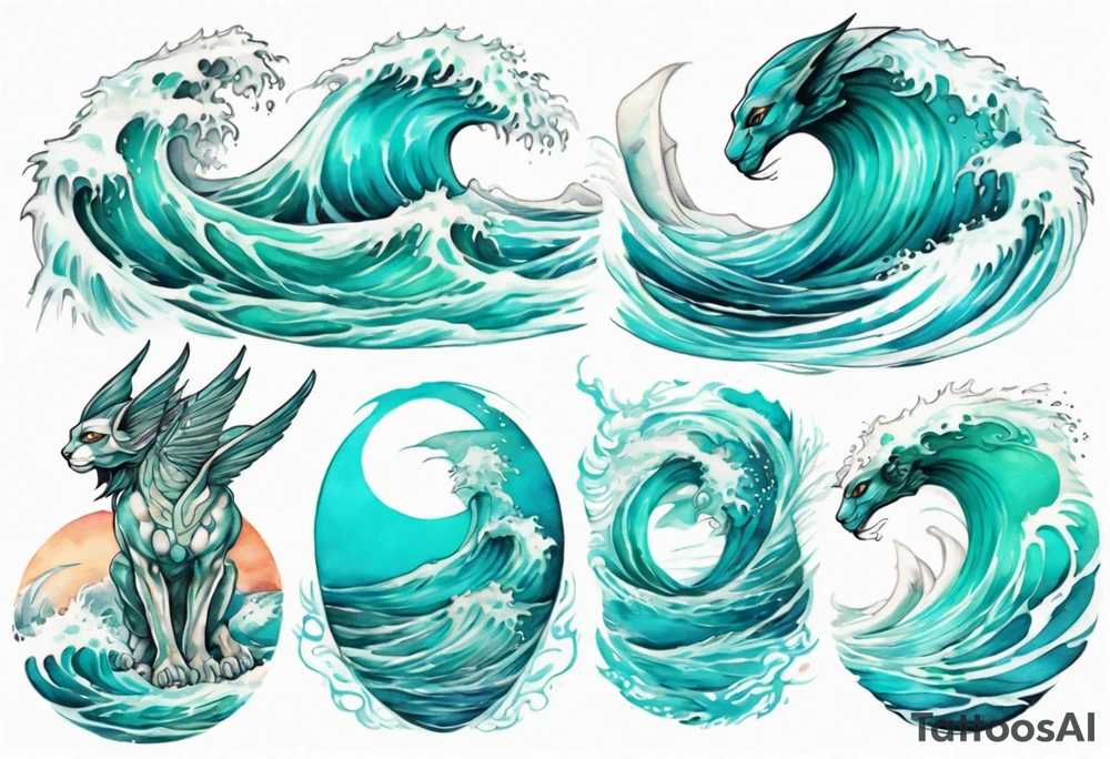 a beautiful turquoise sphinx emerging from an ocean wave, crashing onto the shore tattoo idea