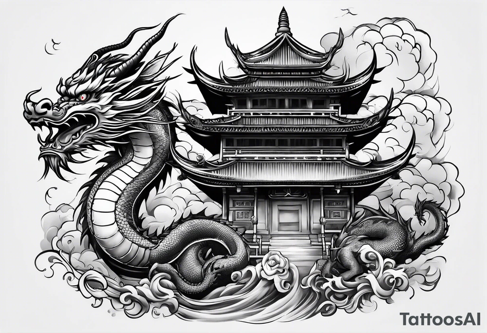 pagoda and dragon around it tattoo idea