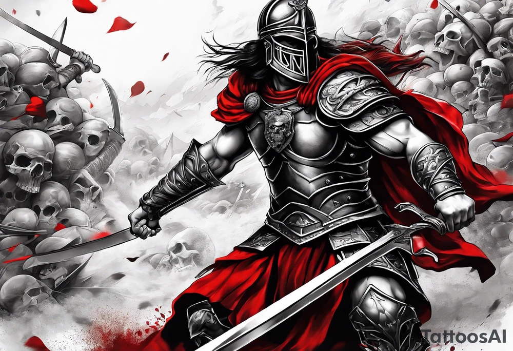 gladiator with red clothes, skulls on the ground tattoo idea