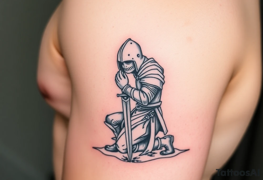 Weary knight with sword praying on one knee tattoo idea