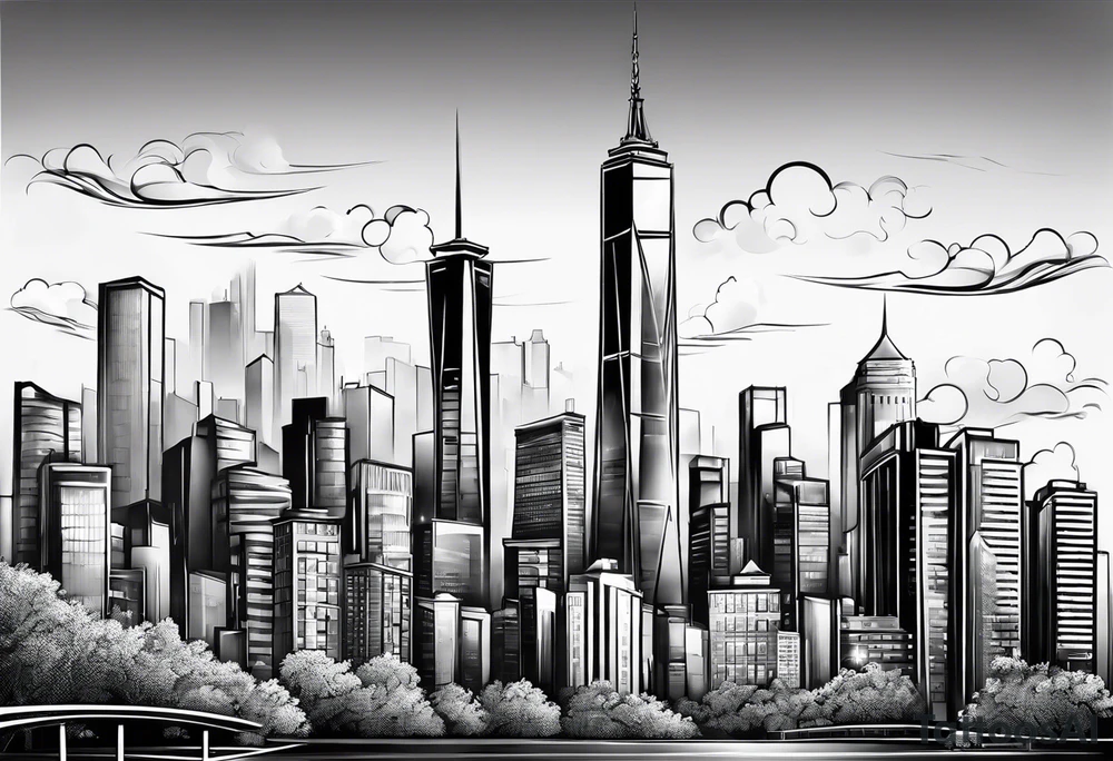 City with tall building leg sleeve tattoo idea