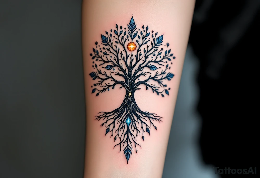 mystical tree of life with cosmic roots and celestial branches tattoo idea