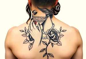 Black and white profile of woman with chin pressed on hand, hate with lace covering her eyes, pearl necklace in her mouth with red lips flowers around her with one red rose standing out tattoo idea