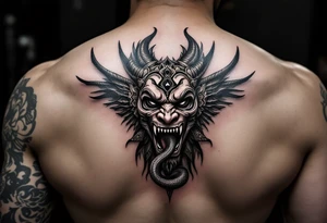 Purépecha style tattoo above   oni mask with a snake in its mouth tattoo idea