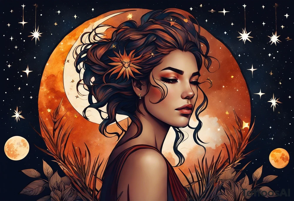 women turning to her side with a leo zodiac symbol on her forehead, lion scar on her eye and stars, moon and sun floating behind her back Recreate similar versions of this tattoo image however at the bottom instead of plants have her blend away like a smoke effect, you can use Stars or clouds to help fill in space. Also have a somewhat Smokey red line wrapping going from the back of the neck to the pinky and overlapping the woman tattoo as well tattoo idea