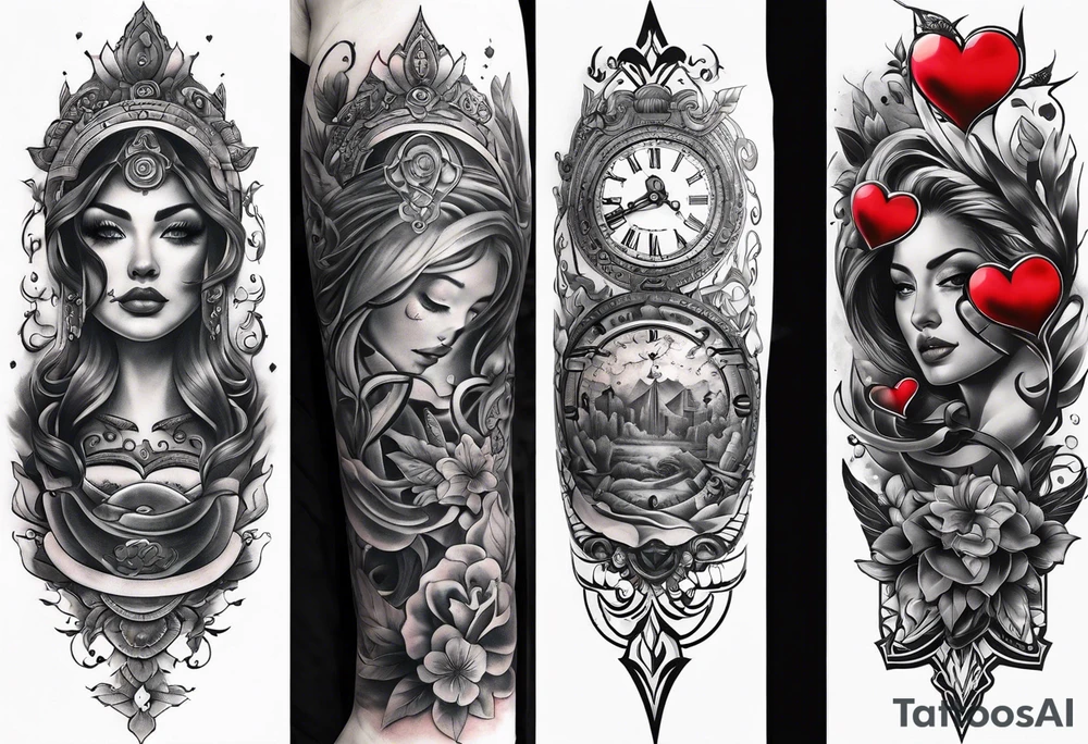 sleeve tattoo to contain the symbols family , love, health, time, money , happines tattoo idea