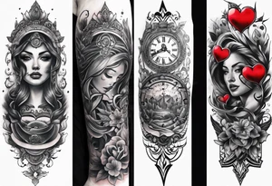 sleeve tattoo to contain the symbols family , love, health, time, money , happines tattoo idea