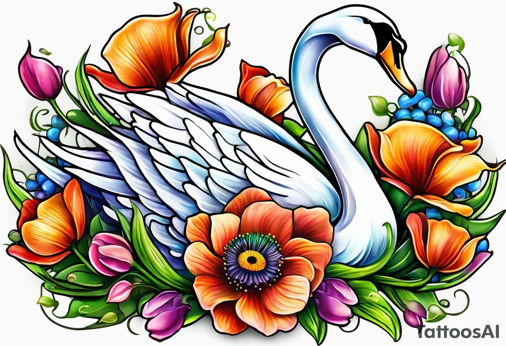 Colorful swan tattoo with poppies, Lily of the valley, sweet pea flower, honeysuckle tattoo idea