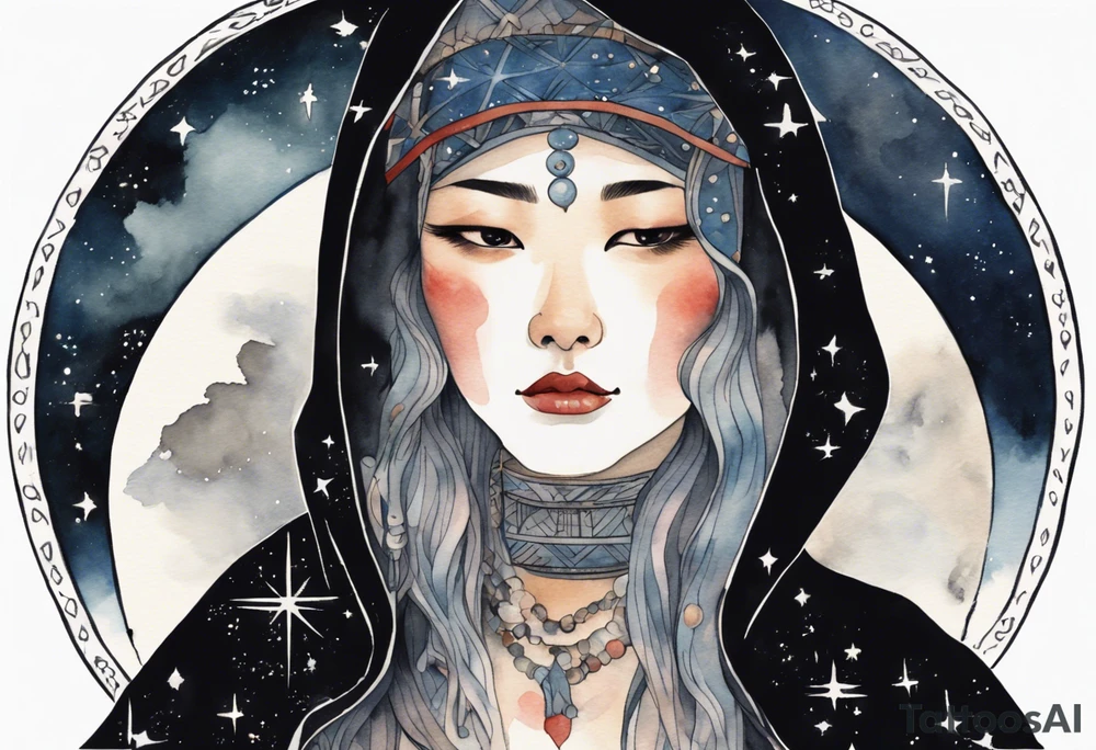 a beautiful 50-year-old Dakota woman wearing black cloak with the night sky in the background tattoo idea