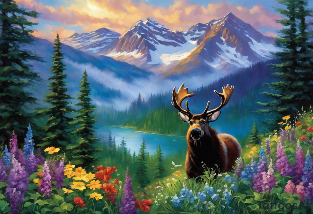 to memorialize my late mom. 
Her name is Robin. She loved mountains, wildlife (mooses, birds etc) and dogs. Her favorite colors were kobalt blue, purple and green. She was very creative and had an eye for design. Favorite song was Rocky mountain high. She loved plants and flowers too. 
I'd like the design to  be black outline, a stand alone image with no background. 
Design for my forearm and fist tattoo idea