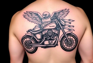Harley Davidson sporter motorcycle with bald eagle American flag background tattoo idea