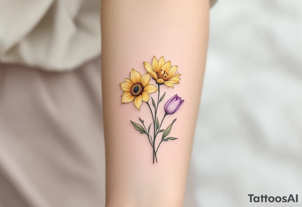 Small yellow sunflowers with two simple stargazer Lilly in pale pink and pale purple tulip buds in a dainty wildflower bouquet with light green stems. No outlines on the flowers. Include feminine stem lines. tattoo idea