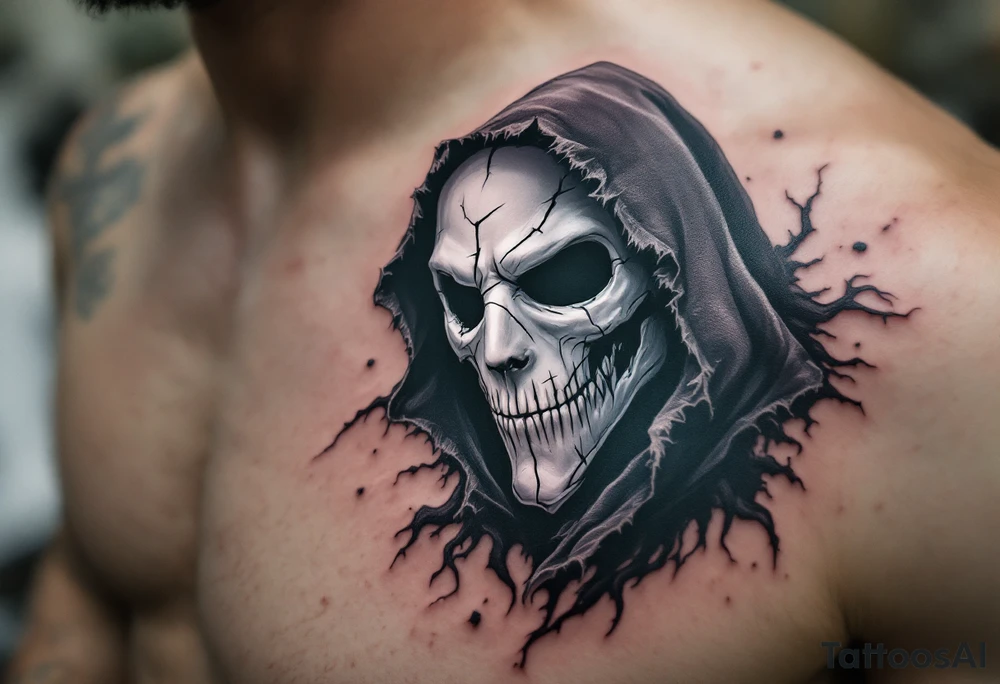 Plague Doctor with Broken Mask – A sinister doctor with a fractured porcelain-white mask, revealing hollow darkness beneath. The robes are dark gray with frayed edges, giving the figure an eerie, ghostly presence. tattoo idea