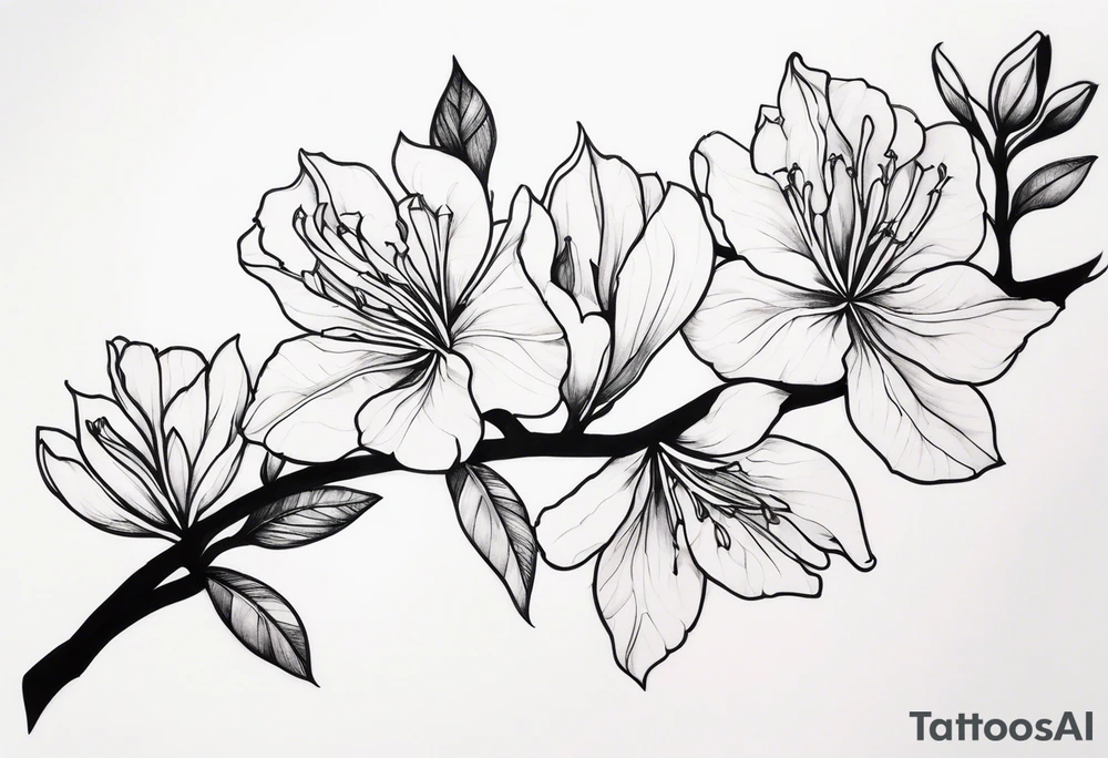 5-petal Azaleas, spread out along a long branch tattoo idea