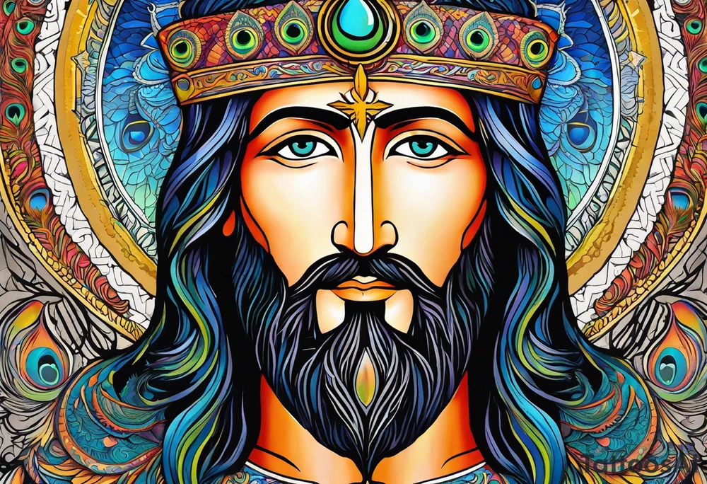 flat stern byzantine Christ with all-demanding eyes with a halo made of peacock feathers tattoo idea