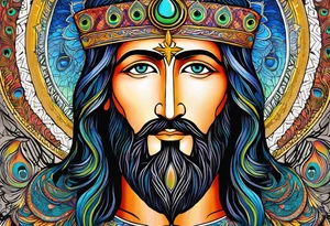 flat stern byzantine Christ with all-demanding eyes with a halo made of peacock feathers tattoo idea