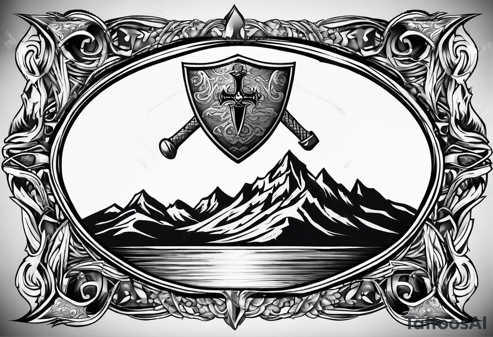 A flaming shield adorned with a mountain and a war hammer tattoo idea