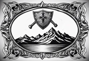 A flaming shield adorned with a mountain and a war hammer tattoo idea