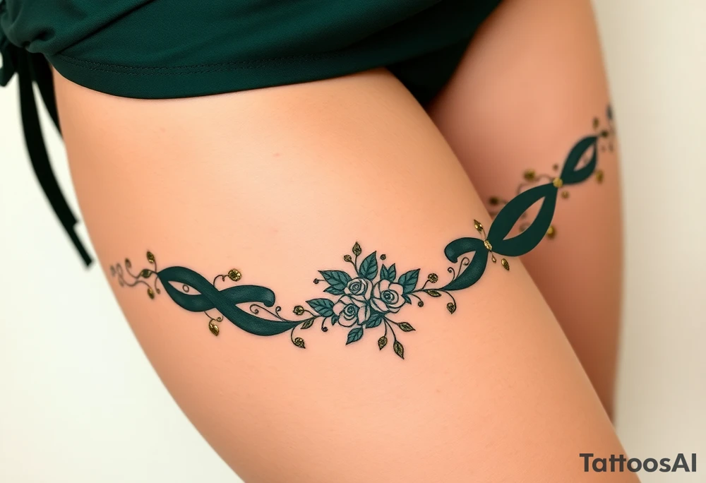 garter tattoo with dark forest green velvet, with baroque-inspired gold accents and tiny intricate roses tattoo idea