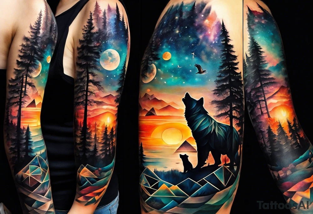 Full sleeve tattoo. The design should include space, stars, forest, sunset, mountains, cliffs, waterfall, water, ocean, wild animals (bear, wolves, elephant), and inserts of triangles and geometric figures. I have two children – a son, Sergei (the eldest), and a daughter, Anna, who live with me and my wife. But I also have another daughter, Marianna, whom I haven't seen for a long time and eagerly await to meet. The tattoo should symbolize love and protection for my children and family, the desire to secure their future, and confidence in tomorrow. It should reflect the notion of not looking back, but always moving forward and achieving goals! tattoo idea