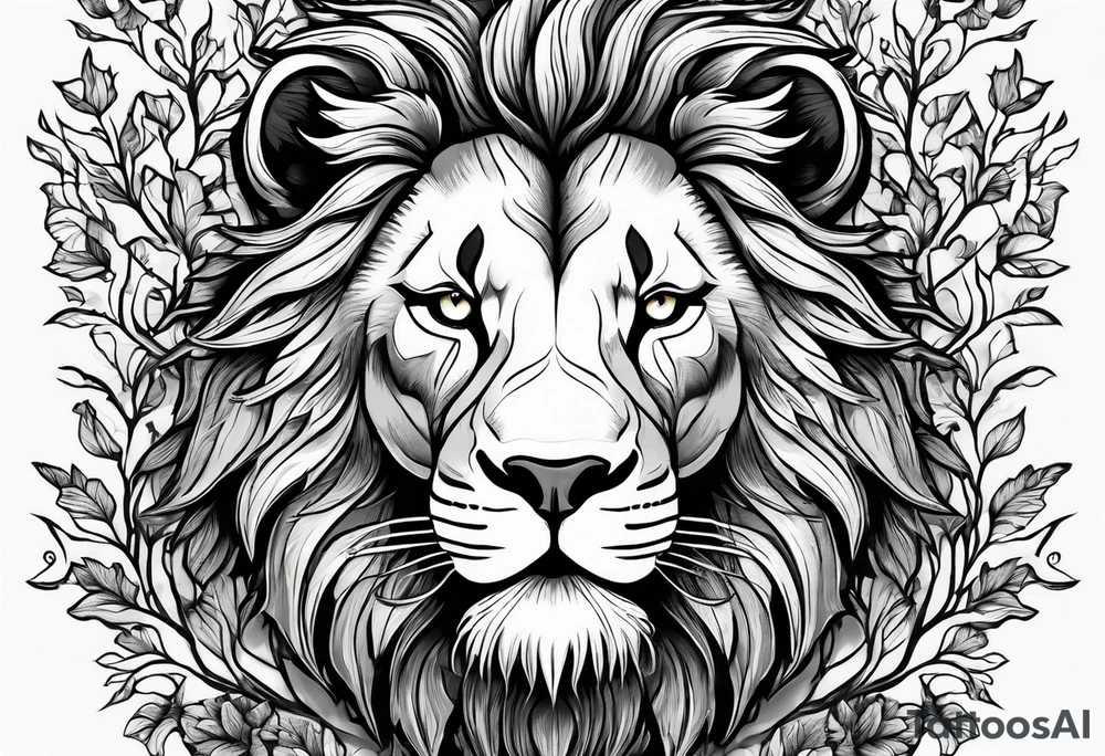 Create a roaring lion in the shape of oak tree tattoo idea