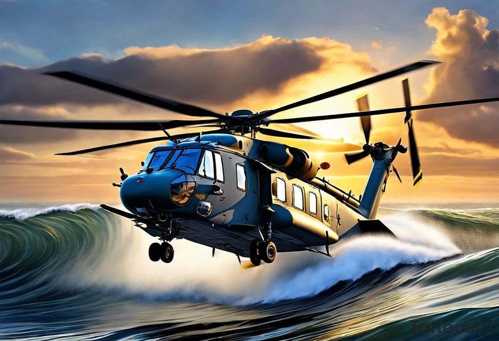 A detailed 4K drawing of a Canadian military grey CH-148 Cyclone helicopter soaring low over rough, ocean waves. The sun is setting, casting a dramatic glow on the scene. The background is highly detailed, with realistic clouds and a specular reflection of the helicopter on the water. Focus on the intricate details of the helicopter and the ruggedness of the ocean.In the background, a poppy should be prominently displayed, and a quote from 'Lest We Forget' should be included tattoo idea