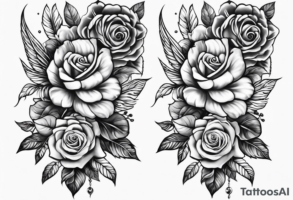 unique full leg sleeve with roses doves cross and patters tattoo idea