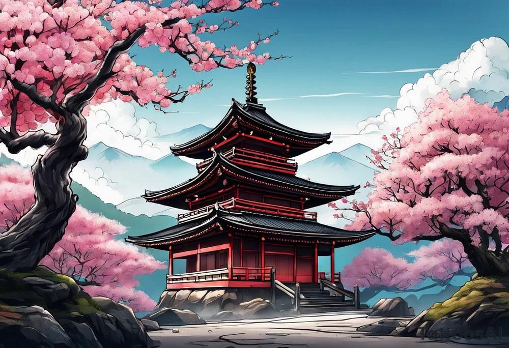 Japanese temple with cherry blossom and samurai tattoo idea