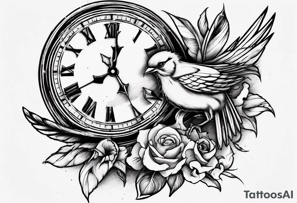 clock breaks into birds tattoo idea