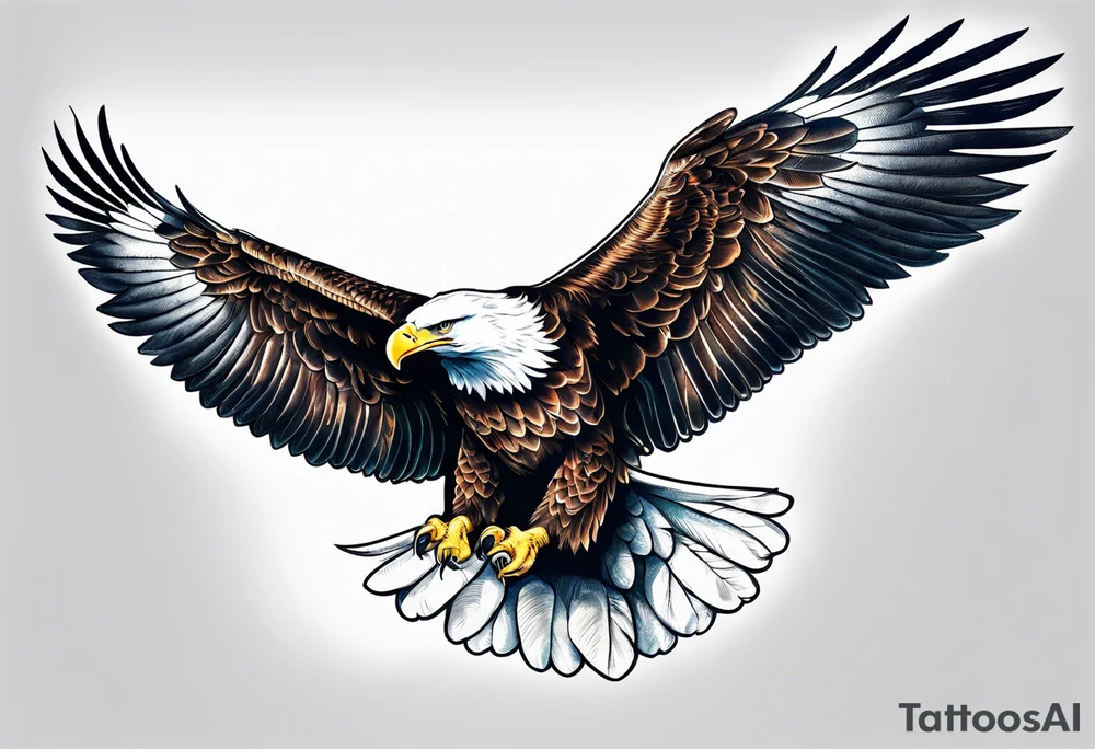 Soaring American eagle with wings spread out across upper back tattoo idea