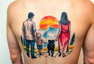 Family 2 parents, 1 baby boy, one 3-year girl and one black dog walking through the the sunset and mountains tattoo idea