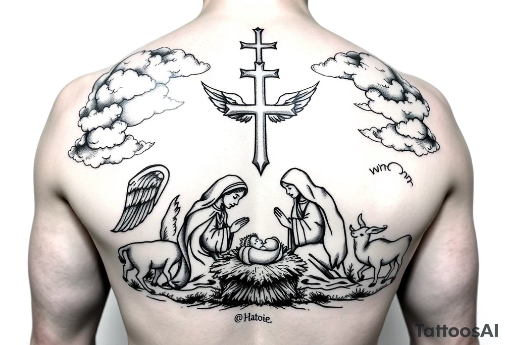 HALF SLEEVE forearm IDEA:
clouds
angel with wings portrait 
cross
The Nativity: The birth of Jesus in a manger, surrounded by Mary, Joseph, shepherds, and animals. It symbolizes hope and the beginning of Christ's life on Earth. tattoo idea