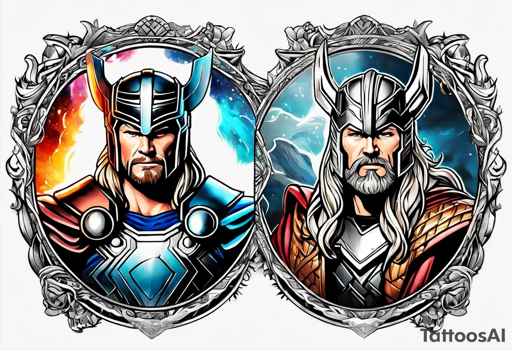 The Mighty Thor from MCU with a vignette in the background tattoo idea