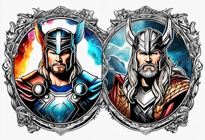 The Mighty Thor from MCU with a vignette in the background tattoo idea