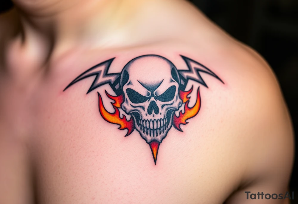 A fierce skull with the iconic Metallica "M" etched into it, surrounded by flames in shades of orange and red, symbolizing the band's fiery intensity. tattoo idea