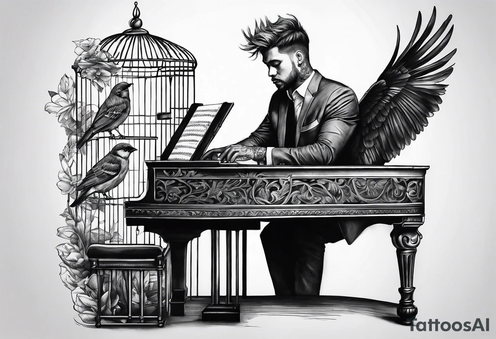 Man playing piano with a bird cage on his head tattoo idea